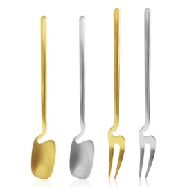 HAIKING Dessert Fork Spoon, 4 Pcs Gold and Silver Stainless Steel Hanging Tableware for Coffee, Sugar, Tea, Ice Cream (2 Styles)