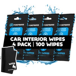 Fortress Car Interior Wipes with Microfiber Cloth (25 ct, Pack of 4) for Car Interior Cleaning, Dashboard, Seats, Detailing, and Steering Wheel [Travel Size] Skin-Safe Car Interior Cleaner Supplies