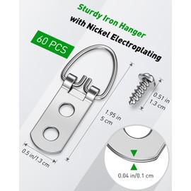 Uniclife 60 Pcs D Ring Picture Hangers with Screws, 40 lb Load Heavy Duty Picture Hanging Hardware, Double Holes Picture Hooks, D Rings for Picture Frame Hanging, D Hooks for Paintings Mirrors Clocks