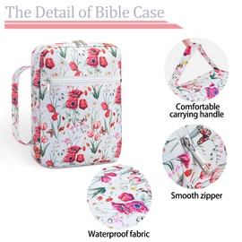 10.5 Inch Bible Cover with Bible Tabs, Large Bible Cases Bag Bible Holder for Women Girls, Floral Pattern Bible Carrier with Handle Standard Size Bible (Red)