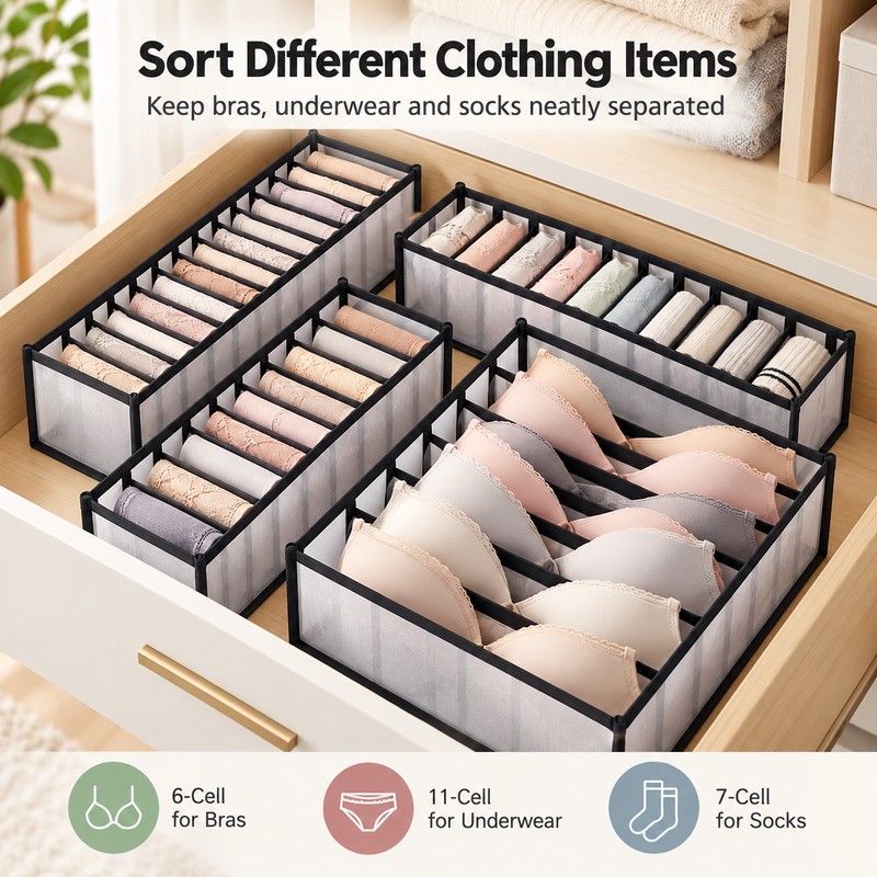 5-Pack Foldable Drawer Organizers for Underwear & Bras – Lightweight