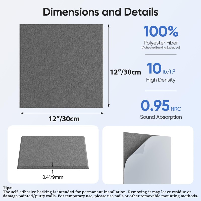 Square Acoustic Panels, 12 Pack Self-Adhesive Sound Panels(Moonlight Gray)