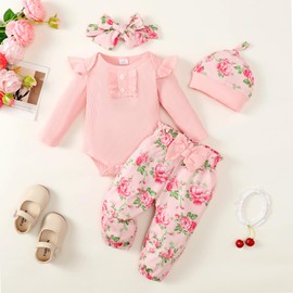 LUVCES Newborn Baby Girl Clothing Toddler Ribbed Ruffle Long Sleeve Romper + Floral Pants + Headband Cute Fall Outfit Set, a:4pcs pink1