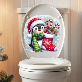 Christmas Penguin Socks Umbrella Hook Toilet Cover Sticker Decals,Fish Bird Flower Leaf Waterproof Toilet Lid Tank Seat Decals Cistern Self-Adhesive Bathroom Wall Sticker