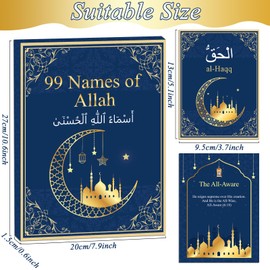 99 Names of Allah Flashcards Quran Verses Asma UI Husna Cards Eid Al Adha Learning Cards in Arabic and English Eid or Ramadan Gifts for Family Friends 5.7×3.1 Inches(Blue and Gold)