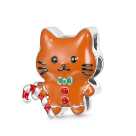 GNOCE Gingerbread Cat Charm Sterling Silver Bead Christmas Charm Fit Bracelet/Necklace for Women Wife/Jewelry Gift