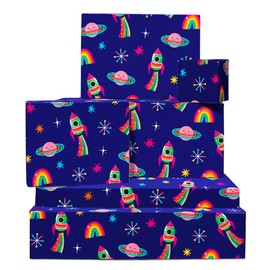 CENTRAL 23 Outer Space Wrapping Paper - Purple - 6 Sheets Of Gift Wrap - Space Ship Planet Star Rainbow - Girls Birthday Wrapping Paper - Recyclable