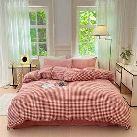 Mucalis Red Gingham Duvet Cover King 100% Washed Cotton Tan White Plaid Checkered Duvet Cover Set Modern 3 Piece Grid Bedding Set with Zipper Closure Corner Ties,Durable,Breathable,Easy Care