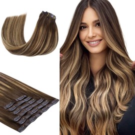 HOTBANANA Clip in Hair Extensions 14 inch 130g 7pcs Chocolate Brown mixed Caramel Blonde Clip in Remy Human Hair Extensions Straight Hair Invisi Edge Clip Hair Full Head