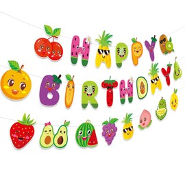 Fruit Party Banner Fruit Happy Birthday Banner Tutti Frutti Strawberry Lemon Watermelon Peach Pattern Happy Birthdays Party Hanging Decoration for Tutti Frutti Summer Fruits Theme B-day Decor