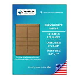 Premium Label Supply Brown Kraft Sticker Labels – 4" x 1.33" – Laser/Inkjet Compatible – (14 per Sheet), 100 Sheets – 1,400 Total Adhesive Labels