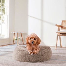 Dog & Cat Bed: Round Faux Fur Pet Bed - Plush, Cozy, & Calming Donut Bed for Medium Pets - Soft & Comfortable Sleeping Cushion for Napping & Lounging, 23" Round, Taupe