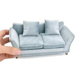 iLAND Dollhouse Couch, Modern Dollhouse Furniture on 1/12 Scale, Miniature Sofa for Dollhouse Living Room (Light Sky Blue Velvet)