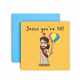 Huxters 70th Birthday Card for him – Funny Birthday Cards for Men – Funny Jesus Badge Happy Birthday Card for Dad Brother – Brother in Law - Grandad Grandpa Birthday – (70th)