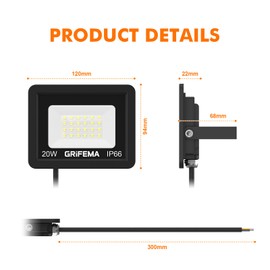 GRIFEMA GRIFEMA 20W LED Strahler Au?en, [2 Stck] 2200LM, 6500K Kaltwei?, IP66 Wasserdicht, Verstellbarer 180 Halter, fr Garten, Garage, Hof, Au?enbeleuchtung, Schwarz