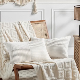 FDTERN Set of 2 Cream White Corduroy Christmas Cushion Covers, 30 x 60 cm, Soft Decorative Cushion Covers, Sofa Cushion, Boho Decoration for Sofa, Bedroom, Living Room