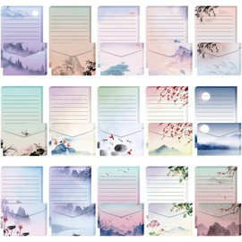 200 Pieces Japanese Stationary Paper and Envelopes Set Including 100 Lined Watercolor Sheets and 100 Matching Envelopes, 5.5 x 8.25 Inch Double Sided Printing Letter Writing Paper with Envelopes