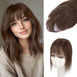S-noilite Hair Toppers for Women Real Human Hair, 100% Real Human Hair Toppers with Bangs for Women with Thin Hair,2.25"*6" Lace Silk Base 14 inch Dark Brown