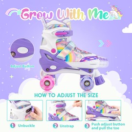 SULIFEEL Rainbow Unicorn 4 Size Adjustable Light up Roller Skates for Girls Boys for Kids Purple Medium