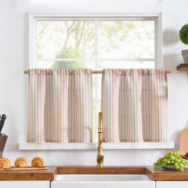 jinchan Striped Linen Kitchen Curtains 24 Inch Length Pinstripe Farmhouse Cafe Tier Curtains for Living Room Bathroom Rustic Half Window Light Filtering Rod Pocket Small Drapes 2 Panels Candy