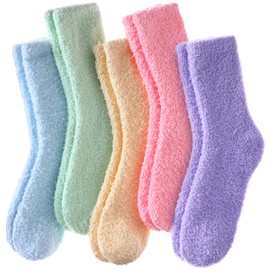 FNOVCO Womens Fuzzy Socks Cozy Soft Fleece Fluffy Warm Slipper Socks Winter Plush Crew Socks for Women 6 or 5 Pairs (5 Pairs Candy Color)
