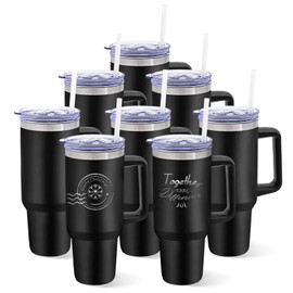 YOUKE OLA 8 Pack Stainless Steel Tumblers with Handle Bulk Double Wall Powder Coated Insulated Tumbler with Lid and Straw for Laser Engrave, DIY Gift, 40oz Black