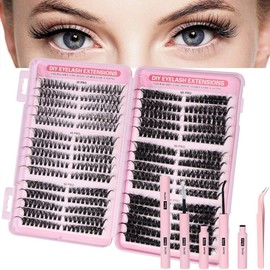 Aomig Eyelash Extension Set 542 Pieces DIY Cluster Lashes 8-16 mm Length Mix 5 Lengths Environmentally Friendly Material with Cat Eye Effect Tweezers Glue Including Natural Look for Appearance