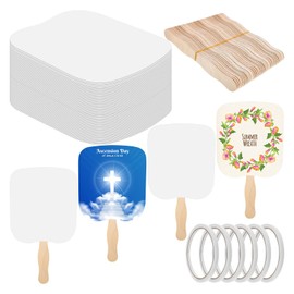 LAIAMER 50 Sets DIY Paper Fans Handheld, Church Fans Hand Fans Bulk with Wooden Sticks/Blank/White/Cardstock/Double Sided Tape, Fans Blank Wedding Program Fans for DIY Crafting Painting