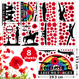 Funnlot Lest We Forget Stickers Poppy Window Sticker 8 Sheets Remembrance Day Stickers for Outside Indoor Window Application Remembrance Day Refrigerator Home Office Classroom Window Decorations