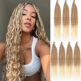 Kachanaa 24 Inch Pre-Separate Deep Wave Braiding Hair Extensions for Goddess Braids 7 Pack Ombre Blonde Ocean Wave Curly Braiding Hair Synthetic Crochet Hair for Boho Box Braids /T27613#