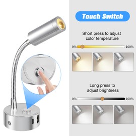 ERWEY 2 LED Reading Lamps, 12 V Motorhome, Touch Dimmable, 3000 K - 6000 K Adjustable Brightness, 360° Flexible Gooseneck Bed Lamp with USB A+C Connections for Boat, Caravan, Interior Lighting, Silver