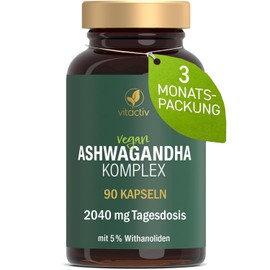 VITACTIV Ashwagandha Komplex - 90 Kapseln (3 Monate) - Indische Schlaf Beere, Hochdosiert mit 2040mg pro Tagesdosis, 5% Withanolide - Plus Vitamin B1 - Vegan, Laborgeprüft in Deutschland