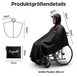 Siegvoll Wheelchair rain Cover Adults, Black Waterproof Wheelchair Poncho for Men Women Wheelchair Users, Windproof Hood with Peak, Wheelchair Accessory Universal Fit