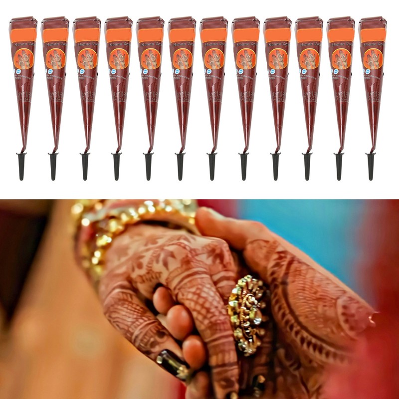 12PCS Temporary Tattoo Paste Cones Brown India Hand Painting Drawing