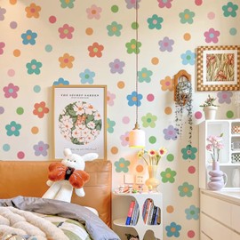 LiveGallery 10 Sheets Colorful Boho Daisy Flower Wall Stickers Removable DIY Peel and Stick Watercolor Stars Heart Dots Wall Decal 3D Wall Art Decor for Kids Girls Bedroom Nursery (Daisy Flower)