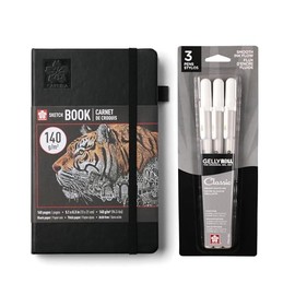 Sakura Paquete de cuaderno de bocetos A5 y rollo de gel blanco, paquete de papelería para bocetos y contraste creativo, cuaderno de bocetos A5 con pap