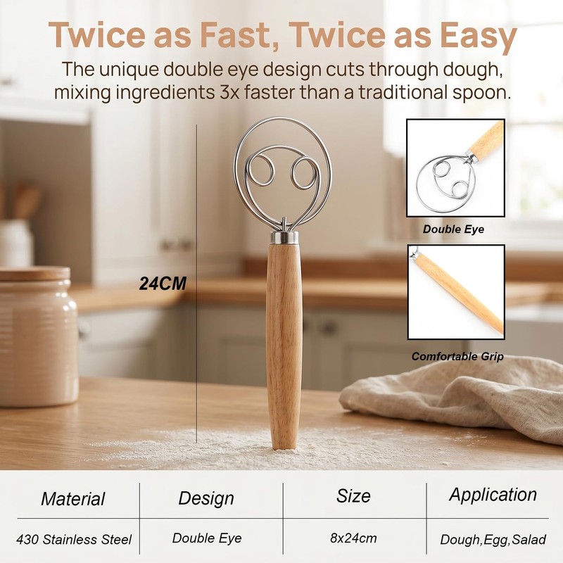 Danish Dough Whisk, 24cm Double Eye Stainless Steel Bread Dough