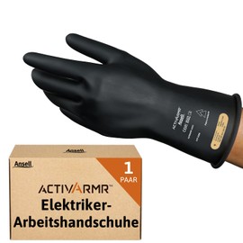 Ansell ActivArmr Electrician's Protective Gloves, Electrical Protection Class 00 (500V), Electrically Insulating Rubber Gloves, Professional Work Gloves, 28 cm, Black, Size L (1 Pair)