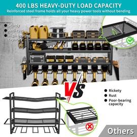 LMEBE Power Tool Organizer Wall Mount Loads 400lbs, 4 Layers Heavy Duty Tool Organizers and Storage, Cordless Tool Rack with 8 Drills Holder, for Garage Workshop Shed Tool Room Garden