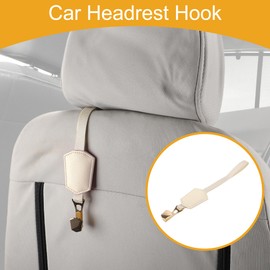 Partuto 1pcs Universal Car Seat Headrest Hook for Most Car, SUV, Truck Car Seat Back Organizer Hooks Sturdy Faux Leather Metal Beige White 11.22"x1.89"
