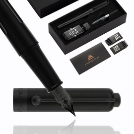 HUASHILAI Luxury Matte Black Forest Fountain Pen Set,Titanium Black Extra Fine and Medium Nibs,Includes 2 Ink Converters,10 Ink Cartridges,15ml ink，Premium Gift Case for Calligraphy (Fine Nib)
