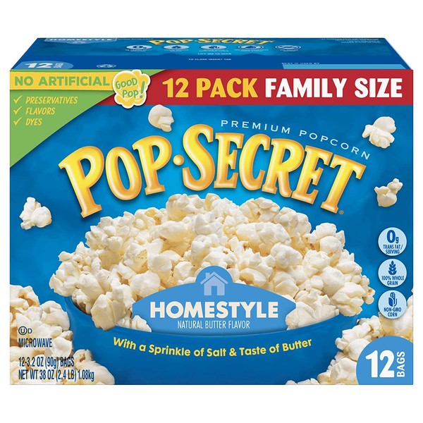Pop Secret Popcorn, Homestyle, 3.2 Ounce Microwave Bags, 12 Count Boxes (Pack of 4)