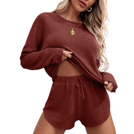 Ekouaer Pajamas Women Cotton Comfy Pajamas Ladies Pyjamas Set Long Sleeve Loungewear Top and Shorts Soft Nightwear Sleepwear Red L