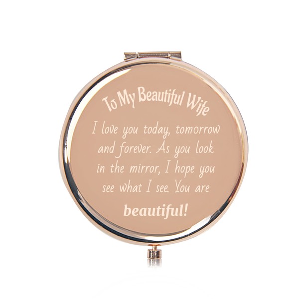 Valentines Romantic Gift for Beautiful Wife, Christmas Anniversary Valentines Gifts for Beautiful Wife from Husband Fiance, Rose Gold Compact Mirror for Women, Cute Birthday Wedding for Wife Her