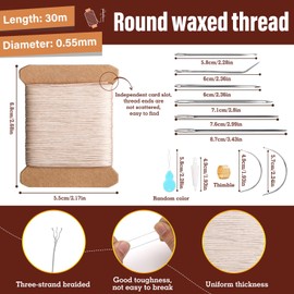 KAQRHFT 32 Yards Leather Upholstery Sewing Waxed Thread, 0.55 mm Leather Sewing Thread with Heavy Duty Needles, Round Waxed Thread for Leather Sewing Beige