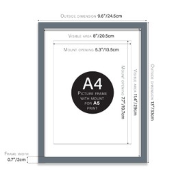 Almost Frameless A4 Grey Picture Frame Set of 3, Display A5 Pictures with Mount or A5 Without Mount Gallery Wall, Poster, Photo, Artwork, or Print, Grey