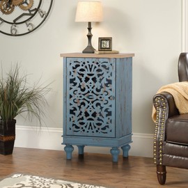 Sophia & William Accent Storage Cabinet with Single Door, Distressed End Side Table, Decorative Nightstand with Wooden Frame and Hollow-Carved Floral Patterns for Entryway Living Room Bedroom, Blue
