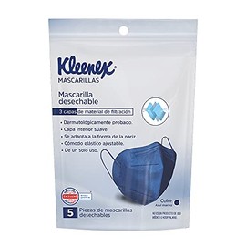 Kleenex Mascarilla Cubreboca Desechable Ajustable Color Azul, Bolsa con 5 Piezas, Con 3 Capas de Material de Filtración