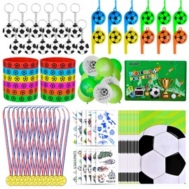 GOLDGE 87 Pieces Football Party Bags Children with Football Birthday Decoration Accessories Bags Whistle Key Ring Sticker Candy Bag Medals Football Give Aways for Children Boys Girls