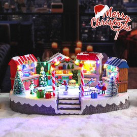Wonder Solar Christmas Village Houses - Musical Christmas Village Building with Skating Pond (Moving Skaters) Battery Operate Christmas Village Figurines with LED Lights for Christmas Decor